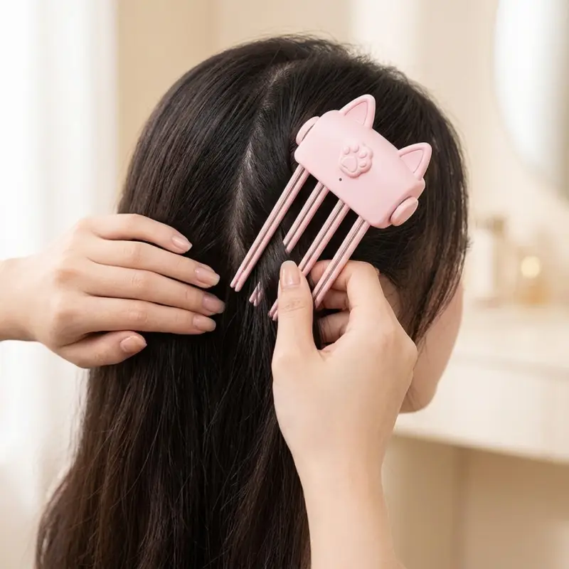 Rẽ tóc và kẹp Tilux màu hồng sát chân tóc
